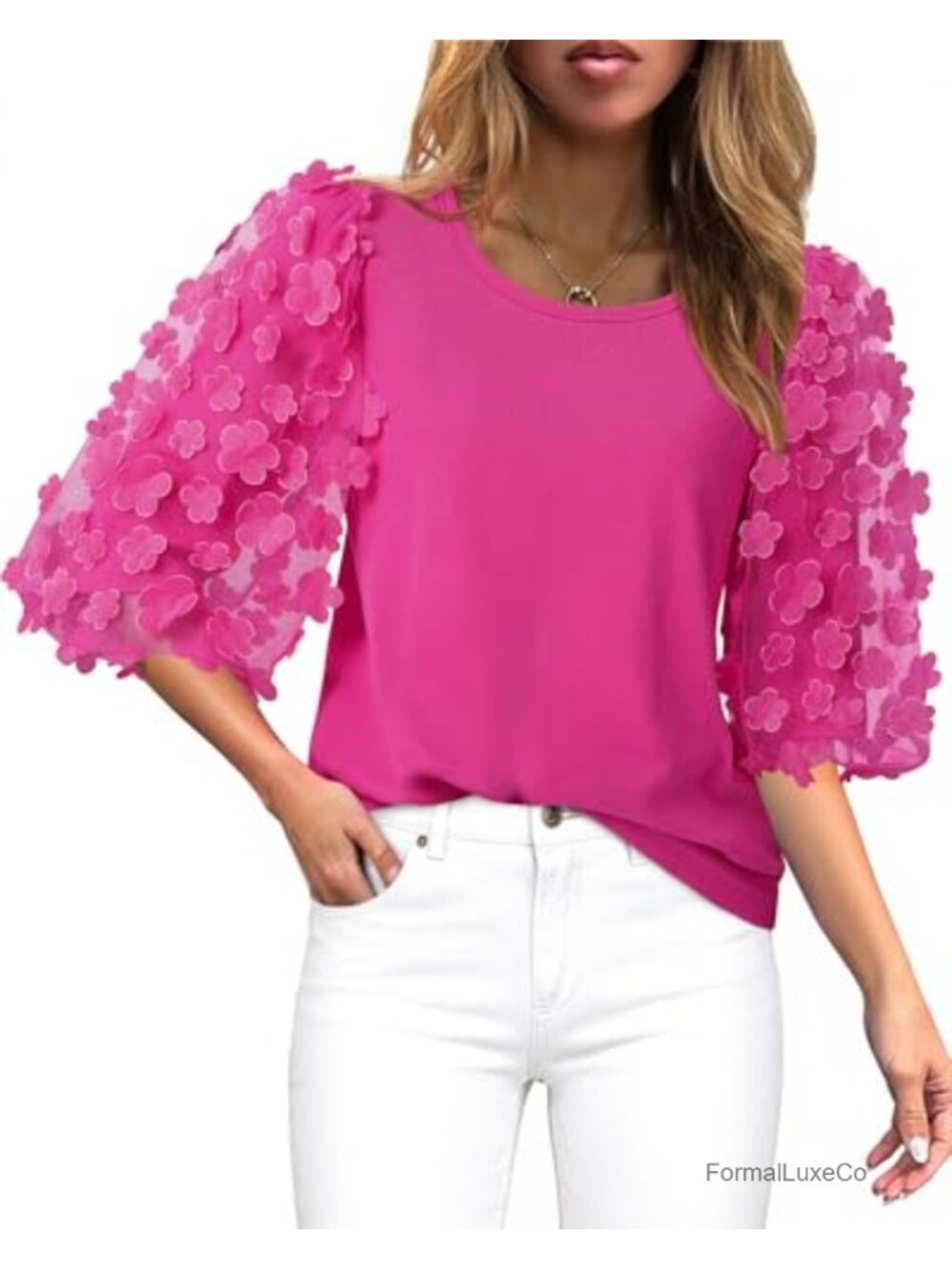 Womens 3/4 Puff Sleeve Cotton Blouse Crew Neck Mesh Applique Top